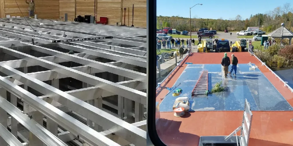 Split image with left showing the grid of aluminum beams framework for a barge and right showing owner Keith and customer walking on the deck of the nearly-completed barge.